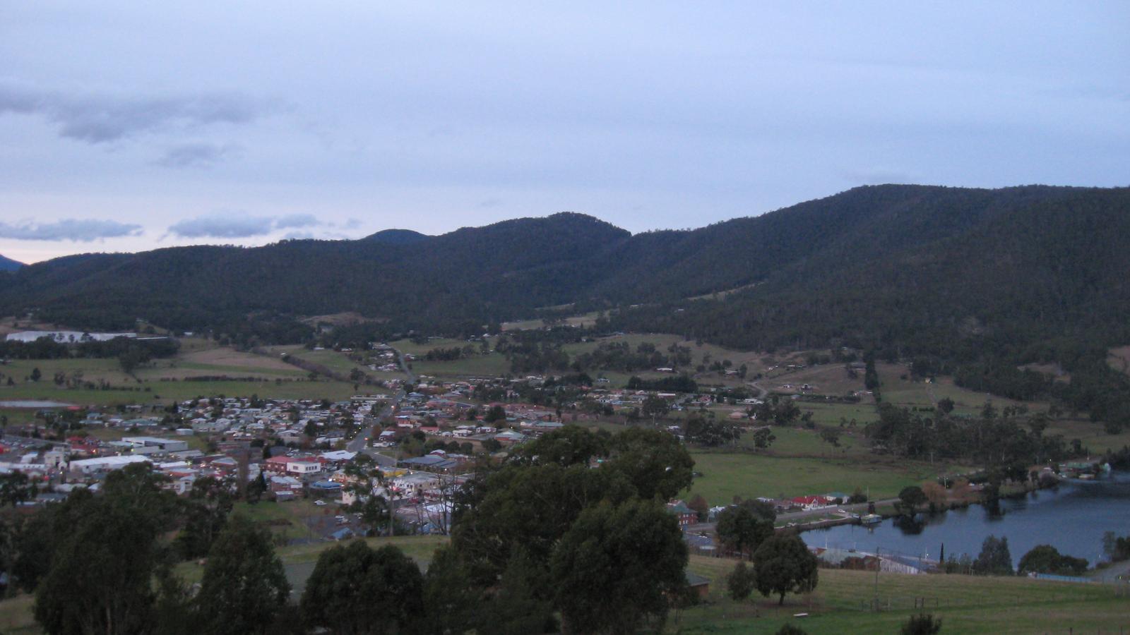 Huonville township and surrounding hills in the Huon Valley at dusk